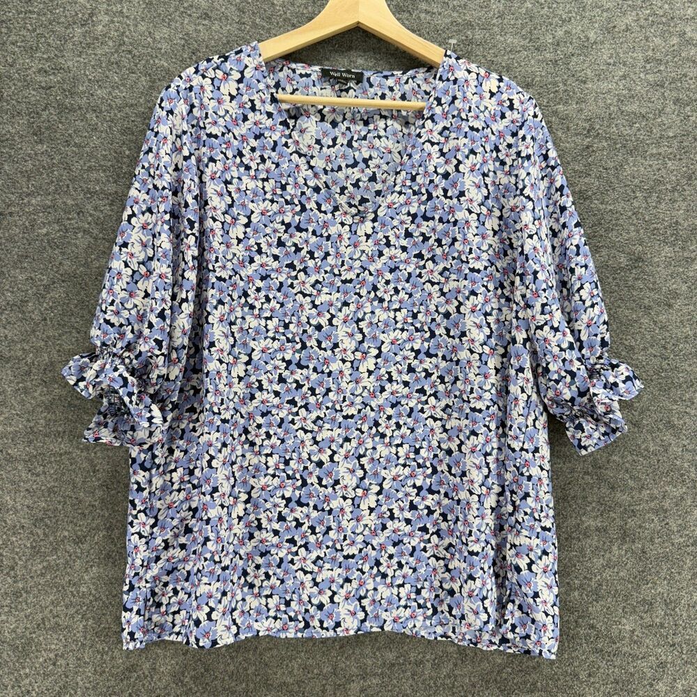 Well Worn Blouse Women XL Blue Floral V-Neck 3/4 Sleeve Pullover Casual Comfort